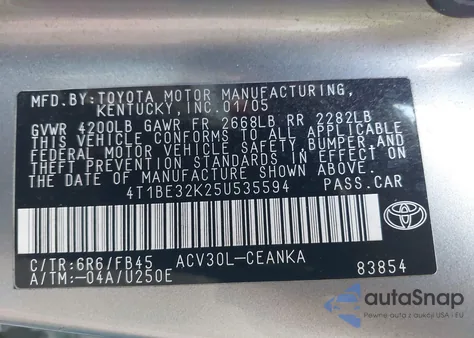 2005 Toyota Camry Le из США, поврежденный, VIN 4T1BE32K25U535594